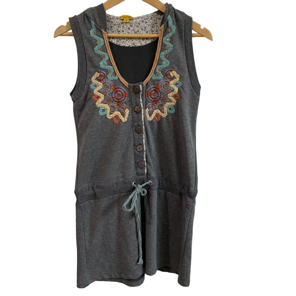 Lulumari Charcoal Gray Sleeveless Mini Dress with Multicolor Embroidered Yoke